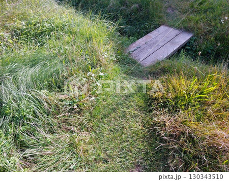 Wooden Bridge Crosses a Grassy Path Over a Small Ditch in a Natural Landscape 130343510