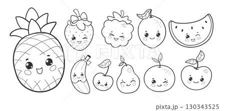 Cute fruit characters line art set 130343525