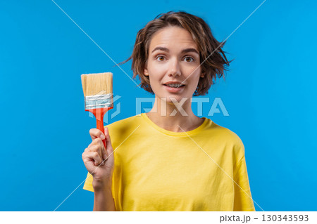 Artist Happy Woman With Brush On Blue. Creative person, fantasy, idea Artist Happy Woman With Brush On Blue. Creative person, fantasy, idea 130343593