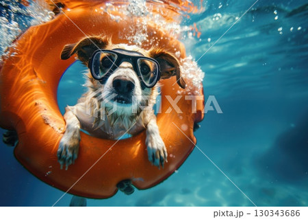 Canine lifeguard with goggles and life vest, prepared for water rescue and play. 130343686