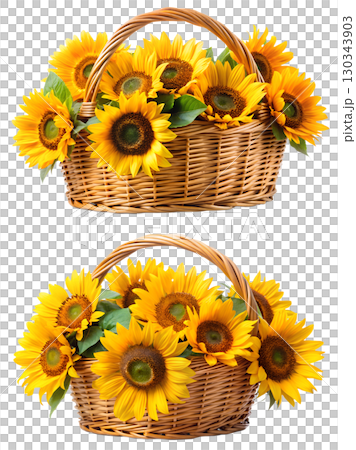 Sunflowers in rustic wicker basket, cheerful yellow floral arrangement isolated, perfect for home decor or gift concept 130343903