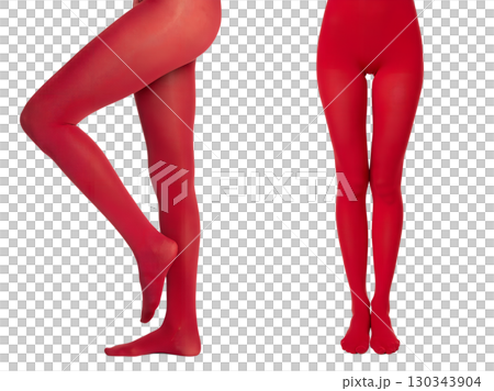 Vibrant red opaque tights, stylish legwear isolated on white background, fashion apparel and hosiery concept 130343904