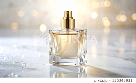 大理石の上に置かれたゴールドスプレー付きのエレガントな香水ボトル 大理石の上に置かれたゴールドスプレー付きのエレガントな香水ボトル 130343931