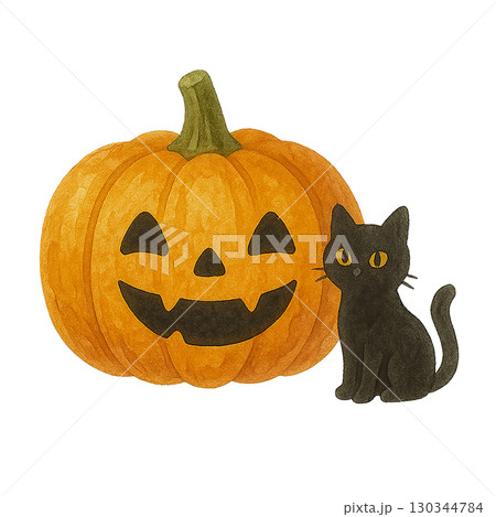 黒猫とジャックオーランタンのイラスト 130344784