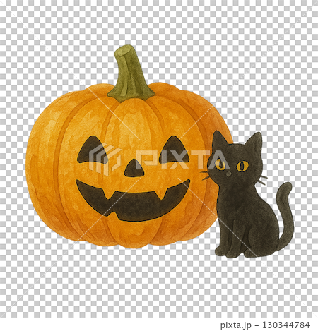 黒猫とジャックオーランタンのイラスト 130344784