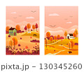 Autumn rural landscape with house and trees. Rural scene with path and hedgehog. Panorama of autumn nature. Wooden houses in the countryside surrounded by forest. 130345260