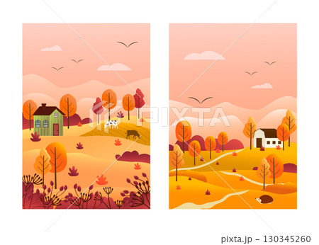 Autumn rural landscape with house and trees. Rural scene with path and hedgehog. Panorama of autumn nature. Wooden houses in the countryside surrounded by forest. Autumn rural landscape with house and trees. Rural scene with path and hedgehog. Panorama of autumn nature. Wooden houses in the countryside surrounded by forest. 130345260