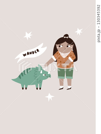 Cute Girl Explorer with Baby Dinosaur Triceratops Illustration 130345392