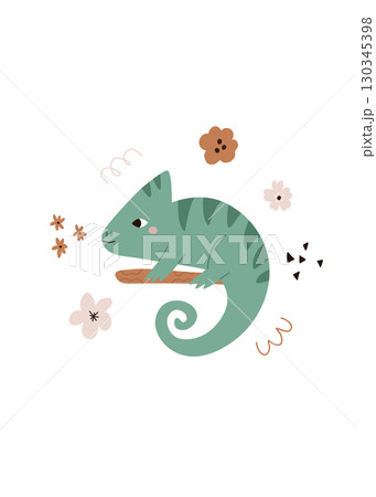 Cute Green Chameleon on a Branch with Abstract Flowers and Shapes Cute Green Chameleon on a Branch with Abstract Flowers and Shapes 130345398