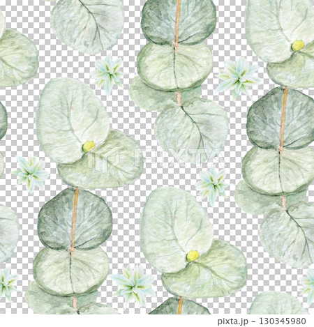 Eucalyptus branch with round leaves and flowers watercolor seamless pattern on white background. Hand-painted art ideal for textile, natural cosmetics branding, packaging, fabric, eco decor Eucalyptus branch with round leaves and flowers watercolor seamless pattern on white background. Hand-painted art ideal for textile, natural cosmetics branding, packaging, fabric, eco decor 130345980