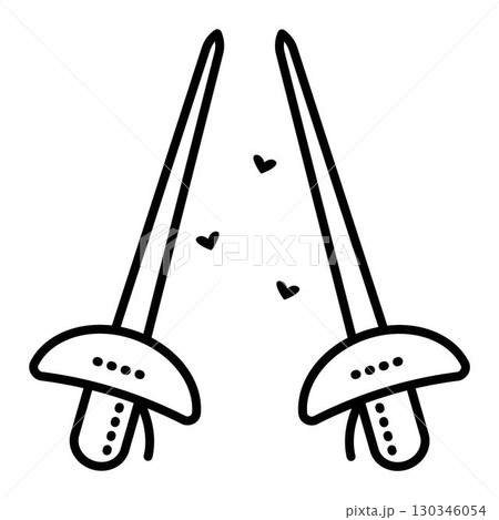 Two swords, black line icon, love to fencing. Vector monochrome illustration 130346054