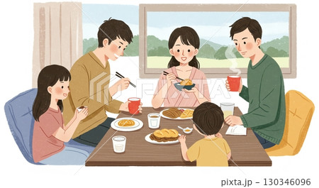 最高の団らん！フラットデザインの家族の食事風景 130346096
