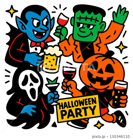 Halloween party cartoon with vampire, Frankenstein, ghost, pumpkin, drinks, and festive mood Halloween party cartoon with vampire, Frankenstein, ghost, pumpkin, drinks, and festive mood 130346110