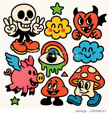 Cartoon skull, smiling cloud, heart with horns, rainbow eye, pig with wings, mushroom 130346111