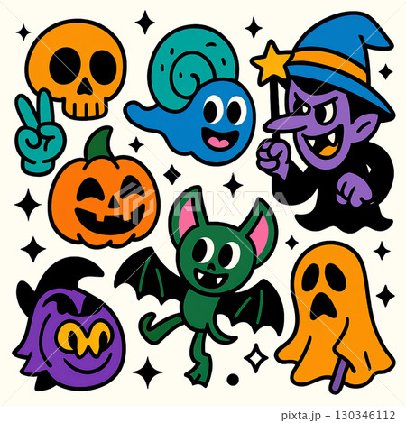 Halloween cartoon skull pumpkin bat ghost witch snail owl and hand with playful expressions Halloween cartoon skull pumpkin bat ghost witch snail owl and hand with playful expressions 130346112