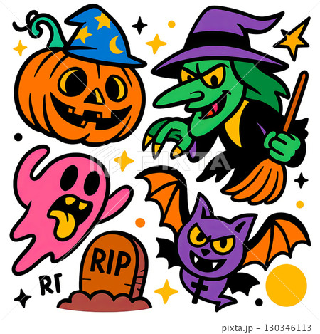 Halloween pumpkin, witch, ghost, bat, and gravestone cartoon illustration with playful 130346113