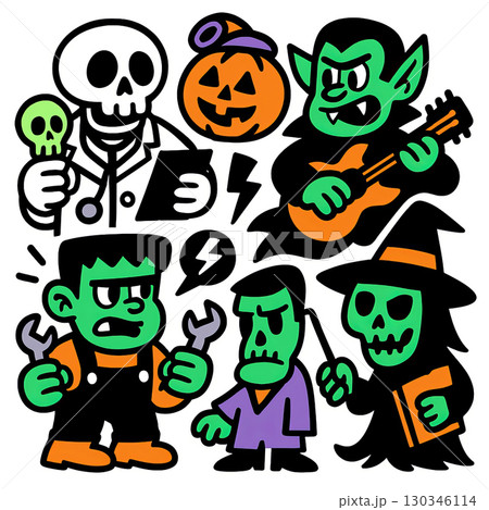 Cartoon monster group skeleton pumpkin vampire Frankenstein witch playful Halloween 130346114