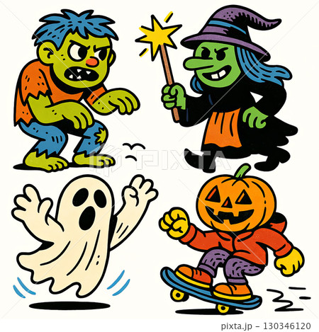 Cartoon zombie, witch, ghost, and pumpkin character in Halloween costumes, playful and fun style 130346120