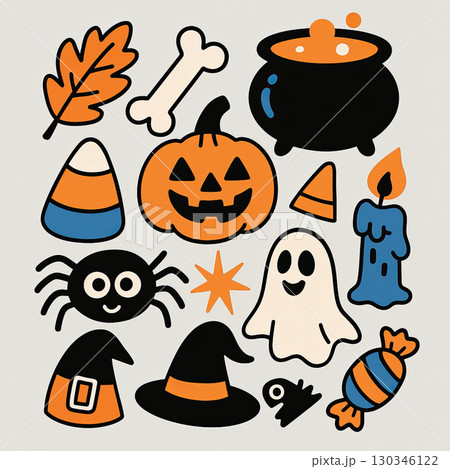 Halloween pumpkin ghost witch hat spider candy cauldron candle bone leaf festive 130346122