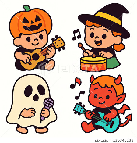 Children in pumpkin, witch, ghost, and devil costumes play musical instruments joyfully 130346133