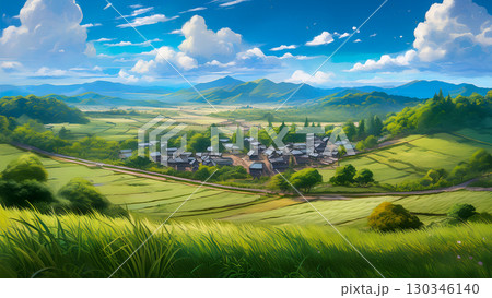日本の畑の中の小さな村のイラスト 日本の畑の中の小さな村のイラスト 130346140