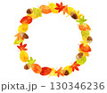 落ち葉と紅葉とドングリの丸いフレームのイラスト　水彩風加工バージョン 130346236