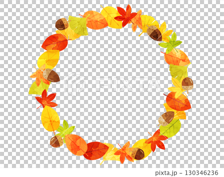 落ち葉と紅葉とドングリの丸いフレームのイラスト　水彩風加工バージョン 130346236