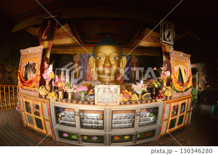 Face of Sakyamuni Buddha, a large golden Buddha statue in the Shey Palace. The Shey Monastery or Gompa and the Shey Palace complex are structures located on a hillock to the south of Leh in Ladakh. Face of Sakyamuni Buddha, a large golden Buddha statue in the Shey Palace. The Shey Monastery or Gompa and the Shey Palace complex are structures located on a hillock to the south of Leh in Ladakh. 130346280
