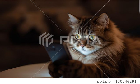 スマートフォンを使っている猫 130346291