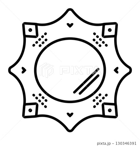 Round wall mirror, front view of furniture, single black line illustration, outline vector monochrome sign Round wall mirror, front view of furniture, single black line illustration, outline vector monochrome sign 130346391