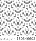 Seamless geometric pattern. Elegant floral motifs, thin lines, and minimal decorative details. Modern monochrome background, luxury texture, and repeating ornament, circles, dots, symmetrical shapes 130346602