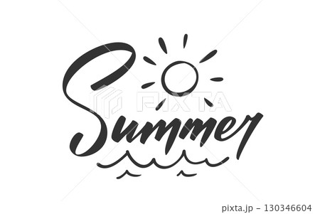 Summer lettering. Handwritten text by black ink, shining sun above curved sea waves below bright sunlight rays. Ocean ripple silhouette minimal sketch. Seasonal vibe tropical heat beach weather mood Summer lettering. Handwritten text by black ink, shining sun above curved sea waves below bright sunlight rays. Ocean ripple silhouette minimal sketch. Seasonal vibe tropical heat beach weather mood 130346604