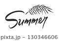 Summer black ink lettering with tropical palm leaf above bold brush style handwritten word. Organic shape curved foliage exotic vibe sunny mood jungle plant vacation warm energy beach calligraphy 130346606