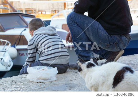 子供のおやつを背後から狙う野良猫 130346886