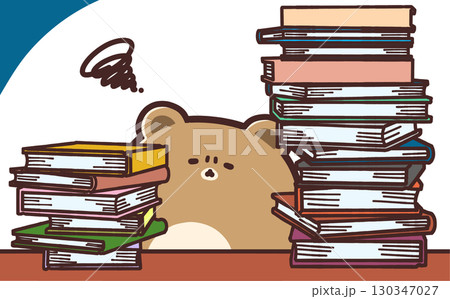 たくさんの本に囲まれながらうんざりしているクマのイラスト たくさんの本に囲まれながらうんざりしているクマのイラスト 130347027