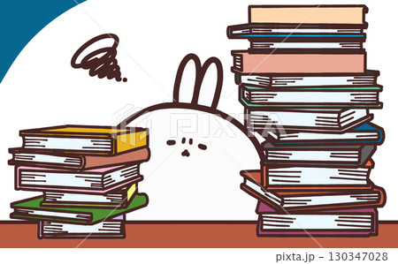 たくさんの本に囲まれながらやる気が出ないウサギのイラスト たくさんの本に囲まれながらやる気が出ないウサギのイラスト 130347028