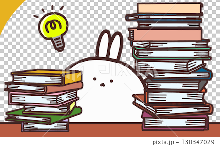 たくさんの本に囲まれながら閃いているウサギのイラスト たくさんの本に囲まれながら閃いているウサギのイラスト 130347029