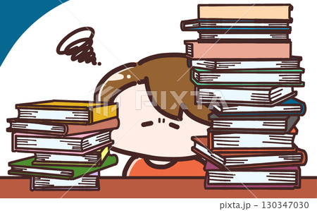 たくさんの本に囲まれながらやる気が出ない女性のイラスト たくさんの本に囲まれながらやる気が出ない女性のイラスト 130347030