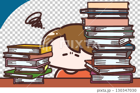 たくさんの本に囲まれながらやる気が出ない女性のイラスト たくさんの本に囲まれながらやる気が出ない女性のイラスト 130347030