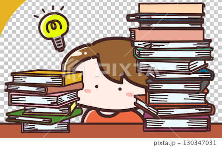 一位女士被許多書包圍著思考的插圖 130347031
