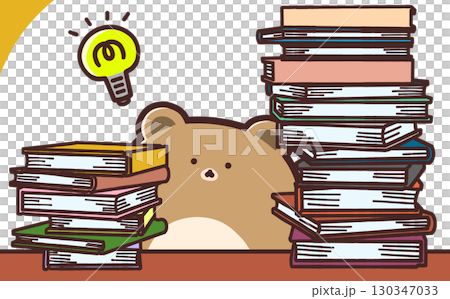 Illustration of a bear thinking while surrounded by many books 130347033