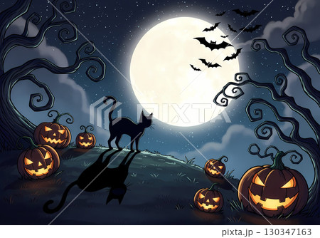 満月とかぼちゃランタンと黒猫のシルエットのハロウィンイラスト背景 130347163