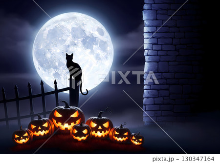 満月とかぼちゃランタンと黒猫のシルエットのハロウィンCG背景 130347164