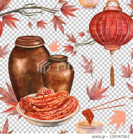 Kimchi pattern. Korean vats, maple, lanterns for Kimchi Day celebration. Hand drawn watercolor illustrations. Seamless pattern on transparent background  Kimchi pattern. Korean vats, maple, lanterns for Kimchi Day celebration. Hand drawn watercolor illustrations. Seamless pattern on transparent background  130347861