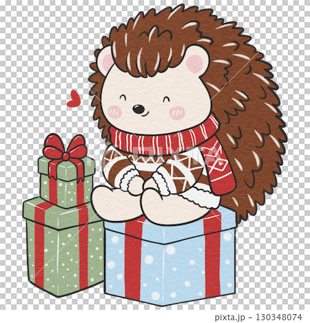 Christmas hedgehog with gift stack, perfect for cards and decor. 130348074