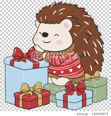 Christmas hedgehog with gift stack, perfect for cards and decor. 130348075