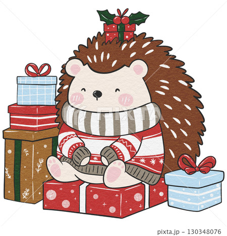 Christmas hedgehog with gift stack, perfect for cards and decor. 130348076