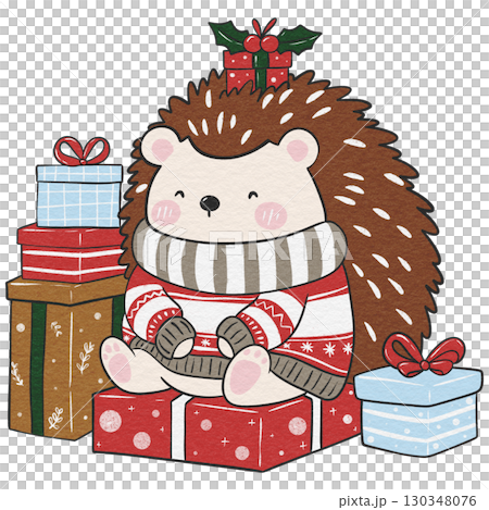 Christmas hedgehog with gift stack, perfect for cards and decor. 130348076