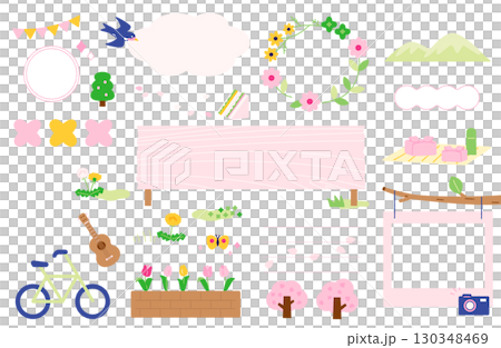 春の屋外イベント装飾フレームと見出しセット 130348469