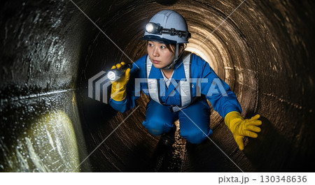 下水道排水管の点検している作業員 130348636